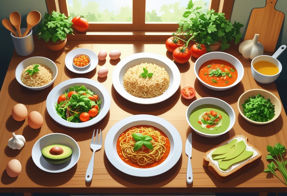 Mesa de cozinha com cinco pratos simples e coloridos feitos com poucos ingredientes, rodeados por ovos, tomates, alho, cebola e ervas, com utensílios de cozinha ao fundo e luz natural entrando pela janela.