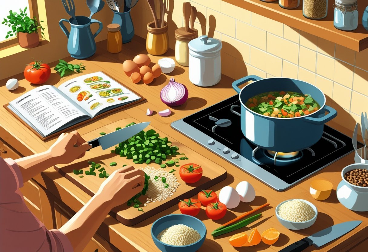 Cena de uma cozinha com ingredientes simples sobre a bancada e uma pessoa preparando uma receita econômica.